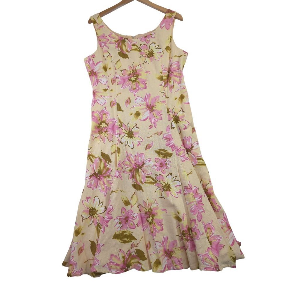 Chadwicks of Boston A-Line Dress Womens 12 Yellow Floral‎ Linen Blend Sleeveless